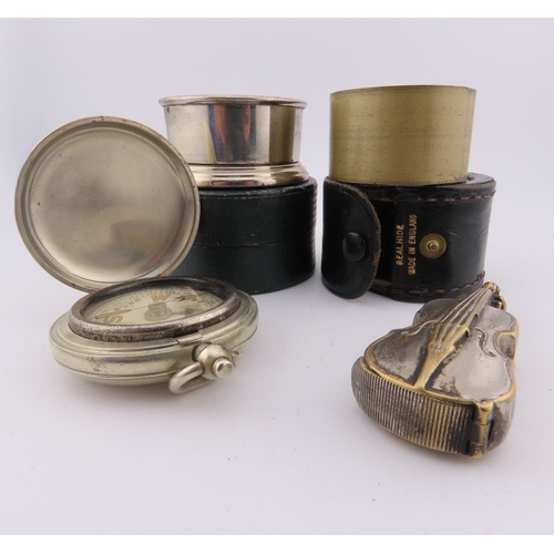 294 - White metal vesta case, folding stirrup cup, tape measure and small compass, assorted early 20th cen... 