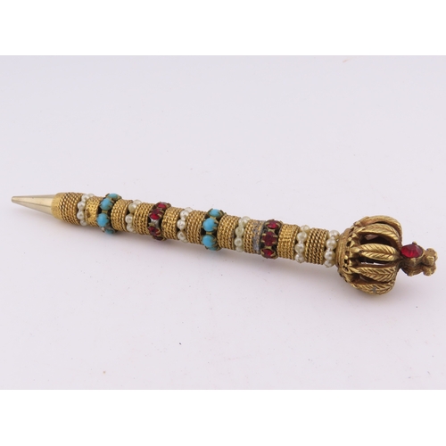 297 - Florenza propelling pencil, ornate jewelled barrel with turquoise and imitation pearls, crown finial... 