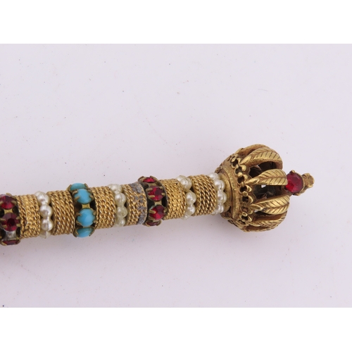 297 - Florenza propelling pencil, ornate jewelled barrel with turquoise and imitation pearls, crown finial... 