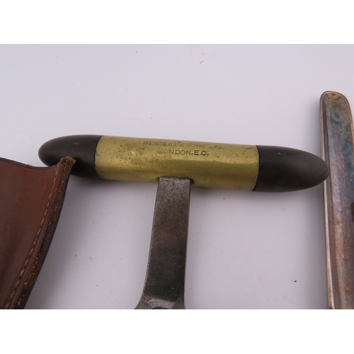 500 - Vintage cheese tester with leather sheath and silver-plated marrow scoop.