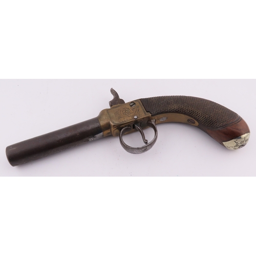 505 - 19th century percussion pocket pistol, engraved brass frame with checkered walnut grip.  Please note... 