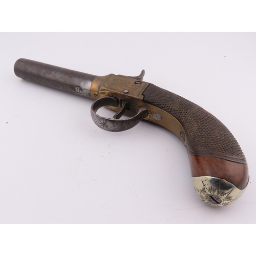 505 - 19th century percussion pocket pistol, engraved brass frame with checkered walnut grip.  Please note... 