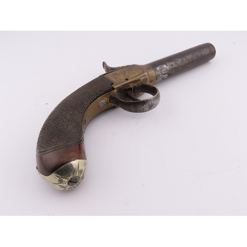505 - 19th century percussion pocket pistol, engraved brass frame with checkered walnut grip.  Please note... 