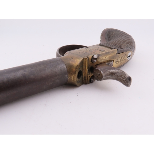 505 - 19th century percussion pocket pistol, engraved brass frame with checkered walnut grip.  Please note... 