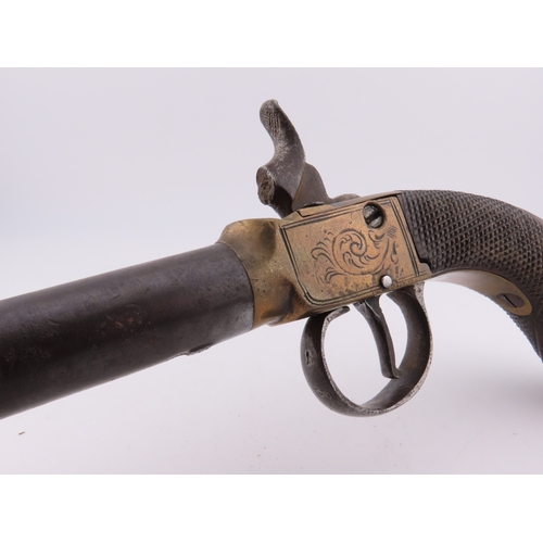 505 - 19th century percussion pocket pistol, engraved brass frame with checkered walnut grip.  Please note... 