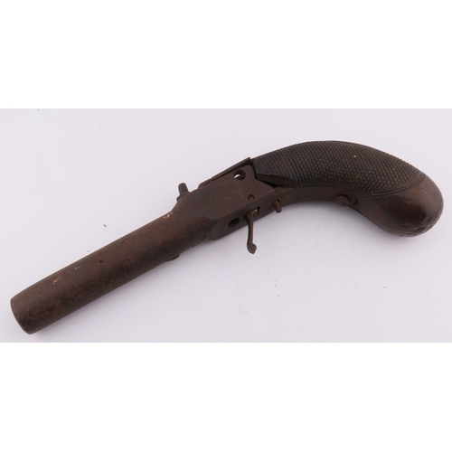 506 - Antique percussion pistol, iron barrel and checkered grip, worn patina. Please note we can only post... 