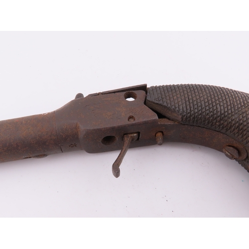 506 - Antique percussion pistol, iron barrel and checkered grip, worn patina. Please note we can only post... 