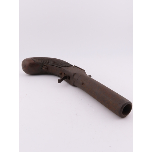 506 - Antique percussion pistol, iron barrel and checkered grip, worn patina. Please note we can only post... 