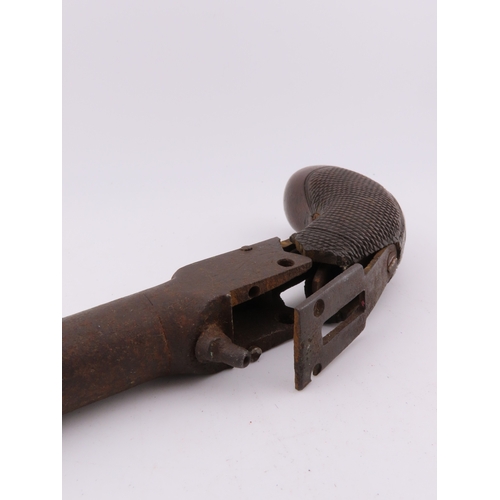 506 - Antique percussion pistol, iron barrel and checkered grip, worn patina. Please note we can only post... 