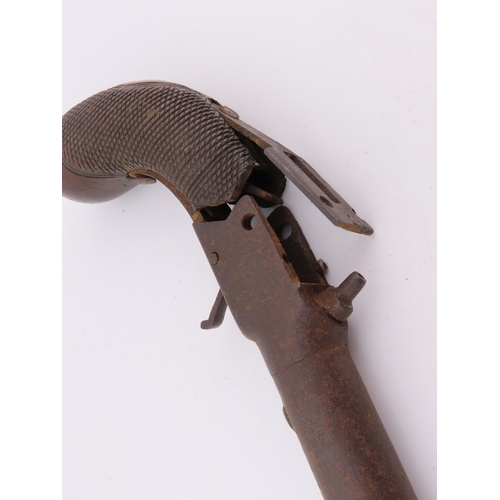 506 - Antique percussion pistol, iron barrel and checkered grip, worn patina. Please note we can only post... 