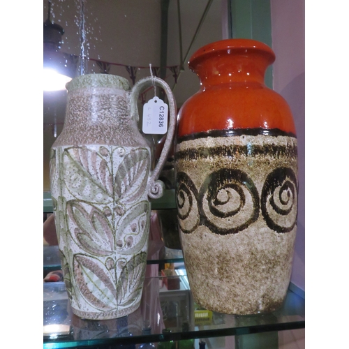 482 - A Denby vase plus a large West German pottery vase with textured and glazed surfaces in green and or... 