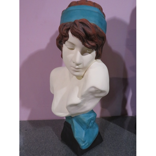 483 - Decorative ceramic bust of a young woman with reddish-brown hair and a turquoise headband and drape,... 