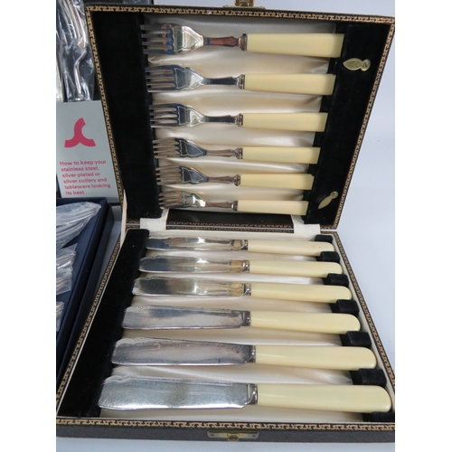 493 - Assorted boxed cutlery sets, including bone-handled and silver-plated examples.