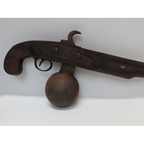 507a - Antique Air Rifle ?, circa 19th century, with extended barrel and spherical priming chamber beneath,... 