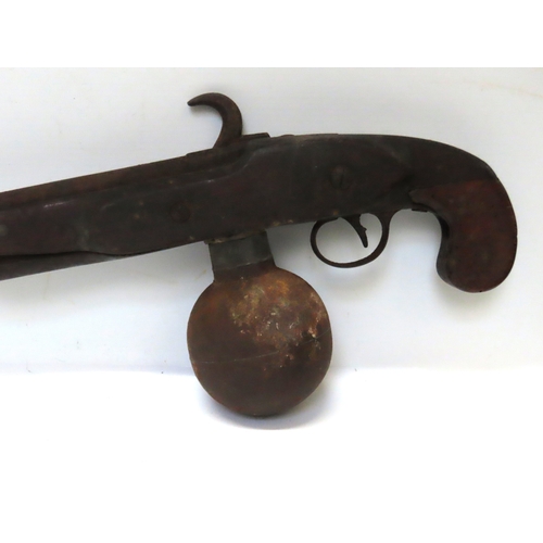 507a - Antique Air Rifle ?, circa 19th century, with extended barrel and spherical priming chamber beneath,... 