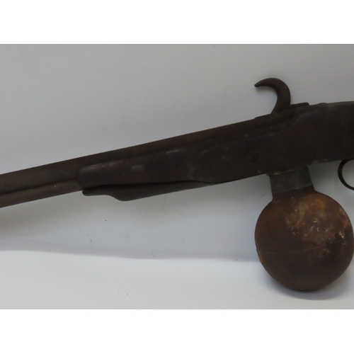 507a - Antique Air Rifle ?, circa 19th century, with extended barrel and spherical priming chamber beneath,... 
