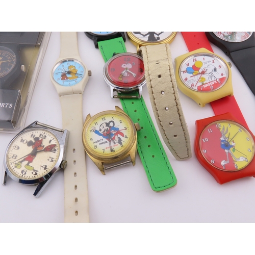 513a - Assorted novelty and character wristwatches, including Disney, Snoopy, and others.