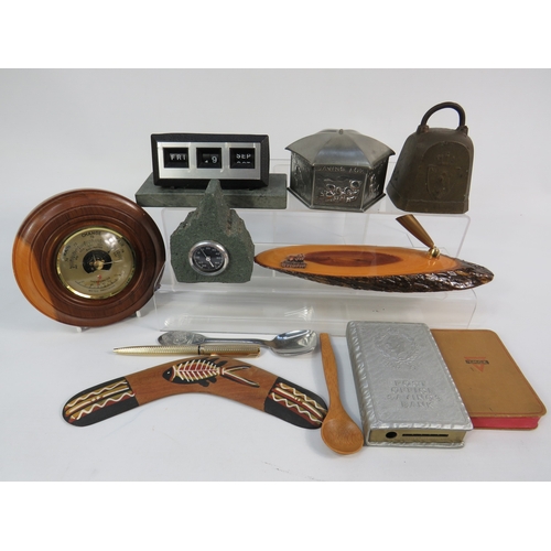 469 - Collection of vintage and decorative items including a wooden barometer in circular turned frame sho... 