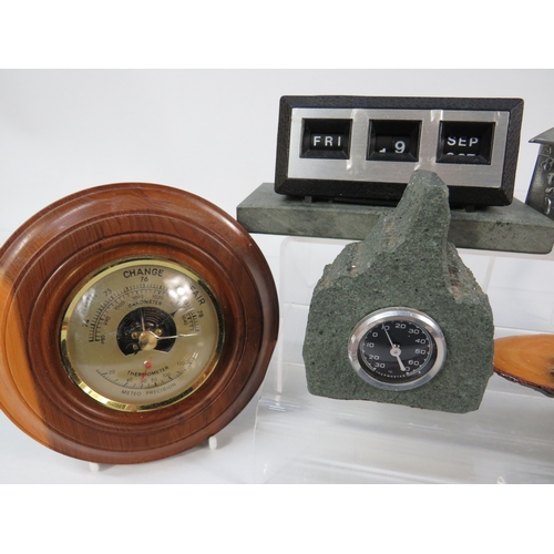 469 - Collection of vintage and decorative items including a wooden barometer in circular turned frame sho... 