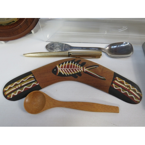 469 - Collection of vintage and decorative items including a wooden barometer in circular turned frame sho... 