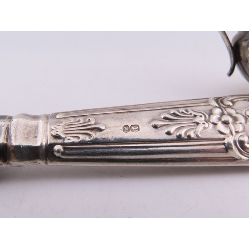 124 - A Georgian silver Stilton scoop with polished bone handle, together with a silver-handled cake knife... 