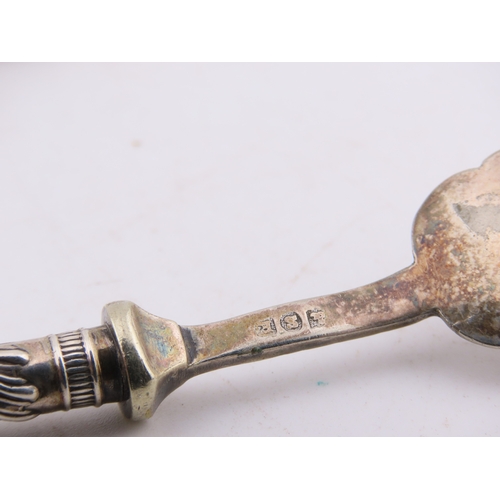 129 - A group of five Sheffield-hallmarked souvenir teaspoons, each with ornate cast terminals depicting c... 