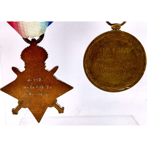 214 - WW1 Victory Medal and 1914-15 Star awarded to J2476 H. E Payne ABRN  (Bag 33)
