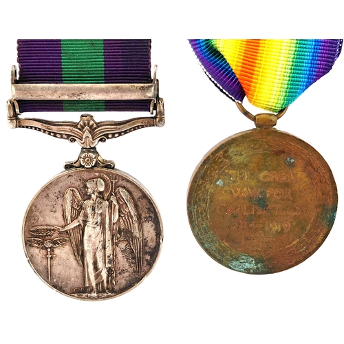 215 - WW1 Victory Medal awarded to 27883 Pte H. J. Allen.   Devons Plus a General Service Medal with Malay... 