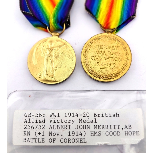 217 - 19-14 Victory Medal Awarded to 236732 John Albert Merret AB  RN  1st November 1914 HMS Good Hope, Ba... 