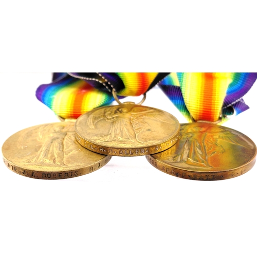 220 - Three WW1 Victory Medals awarded to 16642 Cpl H.B Allen KOYLI ,   505052 Pte J. A. Roberts, RAMC ,  ... 