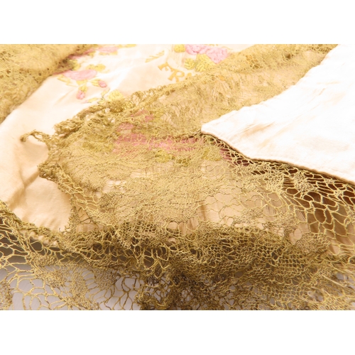 133 - A embroidered silk textiles, early embroidered pieces including a Great War France? example with flo... 