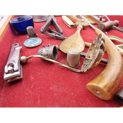 136 - Tray of small antiques and curios, including thimbles, blue salt, crucifixes, sewing tools, metalwar... 