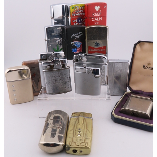 139 - Collection of vintage and novelty cigarette lighters, enamel novelty lighters, Budweiser and America... 
