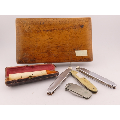 143 - Five vintage pocket knives and a wooden box  folding knives in silver tone, bone and metal  one case... 
