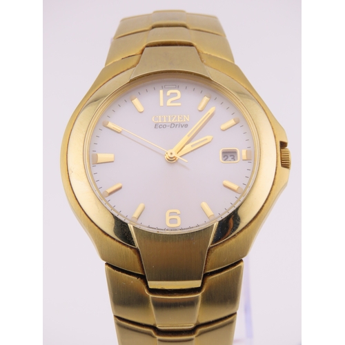 164 - Citizen Eco?Drive wristwatch, working  gold?tone, champagne dial, date aperture, matching bracelet.