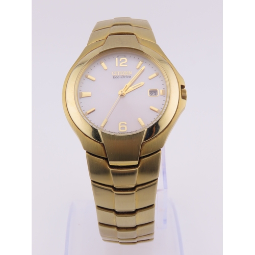 164 - Citizen Eco?Drive wristwatch, working  gold?tone, champagne dial, date aperture, matching bracelet.