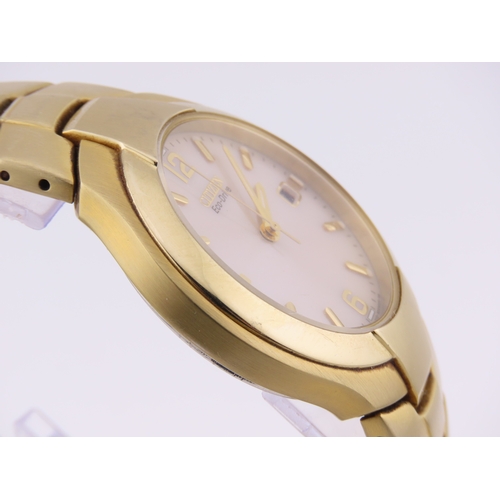 164 - Citizen Eco?Drive wristwatch, working  gold?tone, champagne dial, date aperture, matching bracelet.