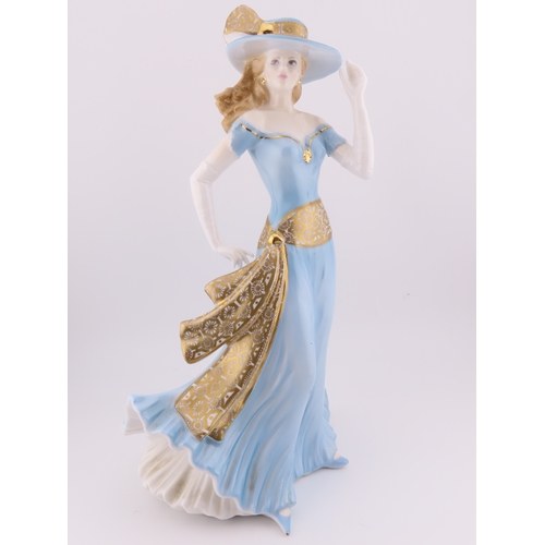 171 - Royal Worcester Tea at the Ritz  blue gown with gilt details and widebrimmed hat.