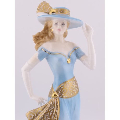 171 - Royal Worcester Tea at the Ritz  blue gown with gilt details and widebrimmed hat.
