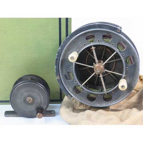 270 - Vintage fishing reel with leather pouch and A Book on Angling by Francis Francis