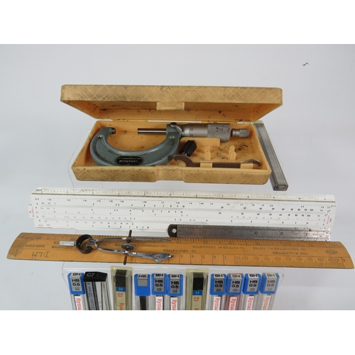 274 - Technical drawing equipment including compasses rulers set squares pencils in red metal case with wo... 