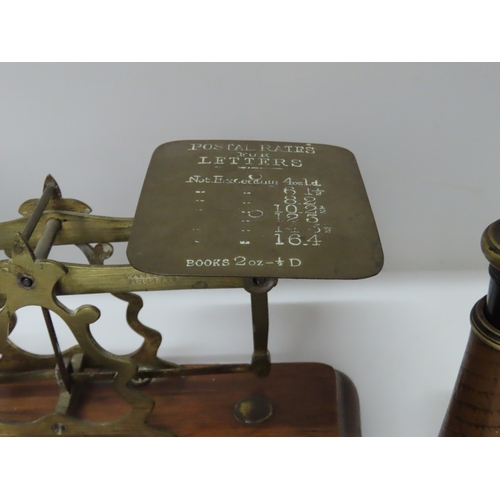 181 - Victorian style postal or letter balance on oak base with graduated brass weights, together with a p... 