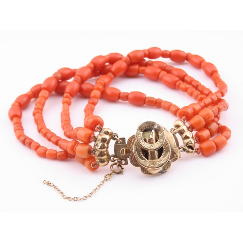 14 - Multi strand coral bracelet with fourteen carat gold clasp Dutch hallmark pre 1906. A beautiful mult... 