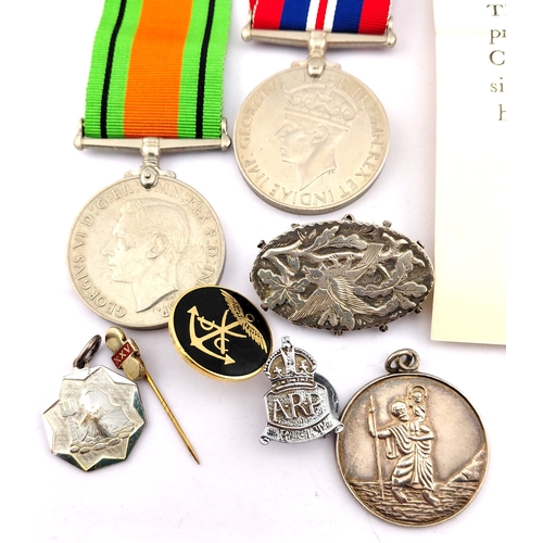 222 - Two WW2 Medals, Defence and 39-45, Two Small hallmarked Silver Fobs and Hallmarked Silver Brooch plu... 