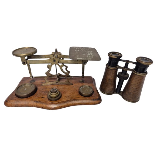 181 - Victorian style postal or letter balance on oak base with graduated brass weights, together with a p... 