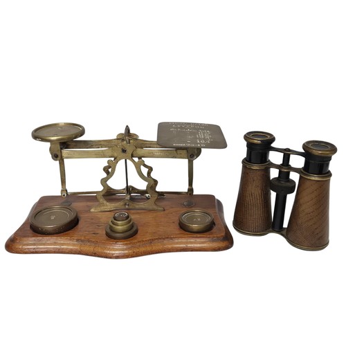 181 - Victorian style postal or letter balance on oak base with graduated brass weights, together with a p... 