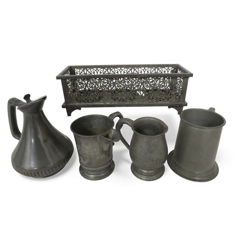 39 - Collection of pewter and metalware including planters and tankards. Group comprising decorative cast... 