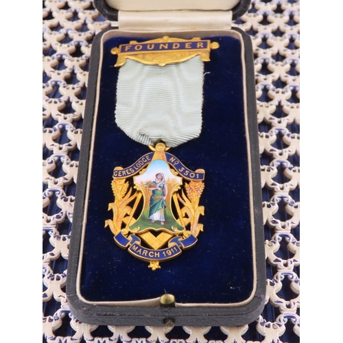 A Ceres Lodge number 3510 Founder jewel, the pale green ribbon with ...