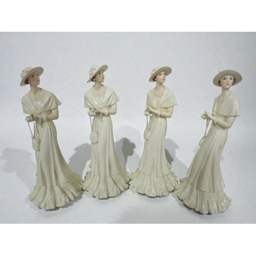 105 - Set of four decorative ceramic figurines depicting elegant Edwardian or Victorian-era ladies in peri... 