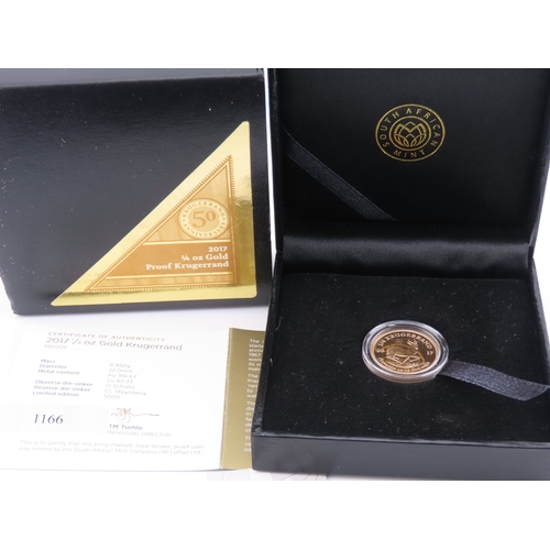 105 - A 2017 South African quarter ounce gold Krugerrand, struck to proof standard. The obverse depicts th... 